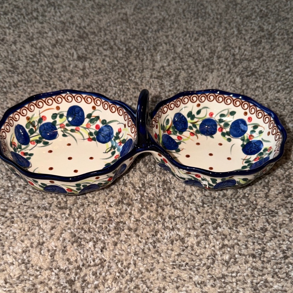 UNIKAT Polish Pottery Double Bowl Condiment Dish Blueberry  B17B NEW Never Used